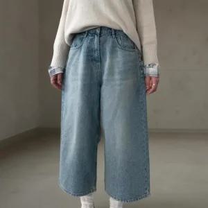 여성 7부 버뮤다 청바지 와이드핏 워싱 면 가을 반바지