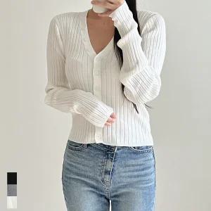 여성 골지 니트 가디건 브이넥 긴팔 봄가을 데일리룩 블랙 그레이 아이보리