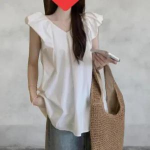 여성 사랑스러운 심플 브이넥 소매 블라우스