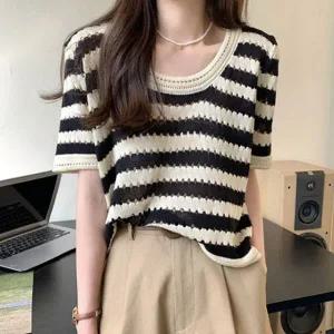 줄무늬 티셔츠 배색반팔 반팔 여름티셔츠 반팔티