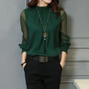 여자 오피스룩 반폴라 긴팔시스루 블라우스_4