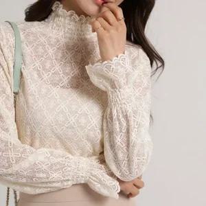 여성 시스루 웬디 레이스 셔링 반목 블라우스 레이어드 이너티 속티