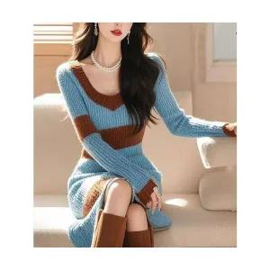 와칸다 여성 여친 치마 니트 배색 원피스 추동 슬림핏 드레스 코트 도톰 스웨터 스커트 트렌드 KKE4