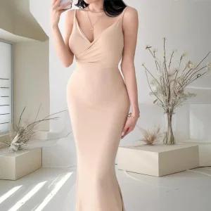 여자 무지컬러 백리본 나시 머메이드 롱 원피스_4