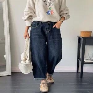 여성 진청바지 배기 롤업 데일리 허리밴딩 데님팬츠 (WFK5KYR)