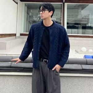 남자 라운드 피셔맨 꽈배기 니트 가디건