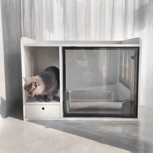 고양이 원목화장실 배변통 우드 캐비닛 유리문 보관