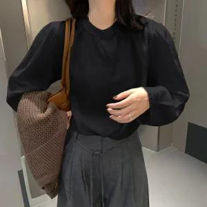 여성 레이스 셔링 라운드 오피스룩 긴팔 블라우스 SML-WBL-4919-블랙