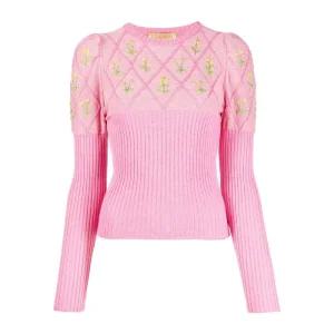 플라밍고 핑크 플로럴 크루넥 니트 탑 OMA12 ORTENSIA