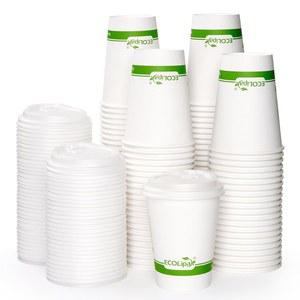 에코리팍 100 카운트 12온스 퇴비화 종이 커피 컵, CPLA 뚜껑이 있는 생분해 일회용 커피 컵, 파티, 피크닉, 여행 및 이벤트를 위한 뜨거운 음료