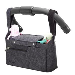 컵 홀더가 있는 PACMAXI 펠트 유모차 정리 가방 - 대용량, 다용도 포켓, 아기 기저귀용 범용 및 내구성 캐디 보관함, 병 필수품(블랙)