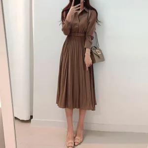 하객 원피스 허리벨트 주름 플리츠 카라넥 단추 여성 데일리 출근 코디