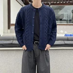 남자 니트 가디건 라운드 꽈배기 피셔맨