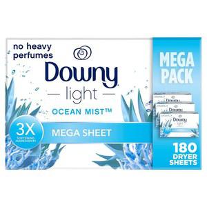 다우니 라이트 메가 건조기 시트, 섬유 유연제 건조기 시트, 오션 미스트, 180 카운트