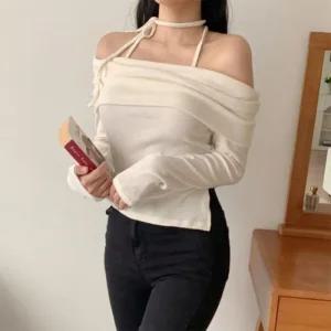 여자 목 리본타이 오프숄더 슬림핏 면 티셔츠
