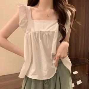 [오노마] ONM 뒷리본 스퀘어 블라우스 어깨프릴 널널한 쉐입 A