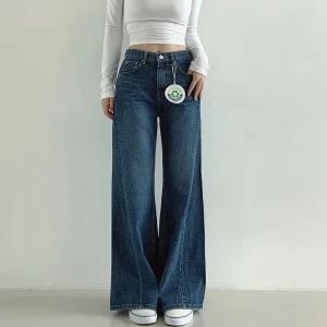 [문에이블]문에이블 여자 여성 봄 가을 허리밴딩 사이드절개 와이드핏 사선절개 데일리 청바지 데님 팬츠