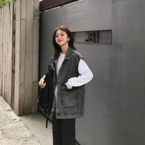 [오노마] ONM 여성 블랙데님 루즈핏 청조끼 블랙진 청자켓