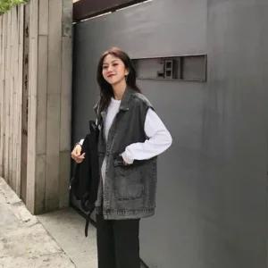 [오노마] ONM 여성 블랙데님 루즈핏 청조끼 블랙진 청자켓