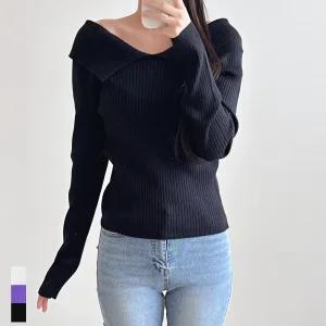 여성 오프숄더 카라 니트 브이넥 골지 봄 가을 겨울 데일리룩 검정 보라 아이