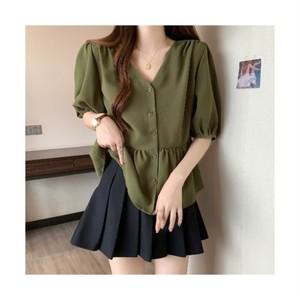 Asure 여름 여성 빅사이즈 브이넥 벌룬 소매 반팔 블라우스