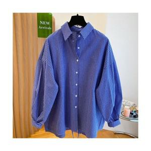 COSYEVNO 봄가을 여성 숏 셔츠 빈티지 루즈핏 체크 카라넥 불규칙 긴소매 상의