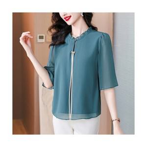 SELEAD 여름반팔 쉬폰 고귀한 중년여성 블라우스 세련된 레이디 이중 반팔 셔츠 엄마옷 빅 사이즈 3컬러