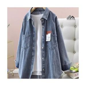 POMTOR 여성 데일리 워싱 데님 기본 셔츠 긴팔 오버핏 청남방