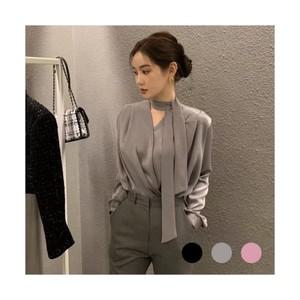 Titikong 여성 타이 브이넥 블라우스 새틴 남방 오피스룩 빅사이즈 셔츠 링클프리