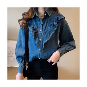 SAHINER 봄가을 여성 캐주얼 빈티지 루즈핏 프릴 데님 긴팔셔츠 BCS04