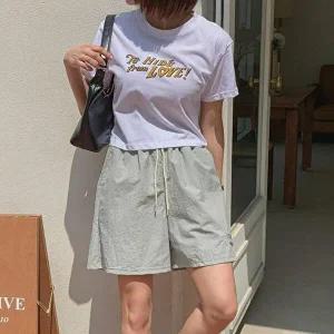 [신상오픈런]|KMP9088|여성 키치 스타일 자수 레터링 4부 밴딩 숏팬츠