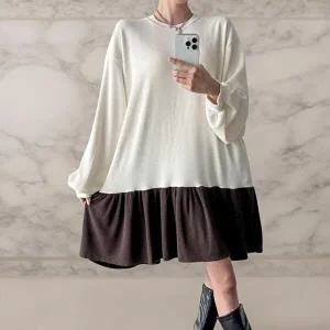 [옷자락]여성 투톤 빅사이즈 골지 프릴 퍼프 가을 미니 드레스