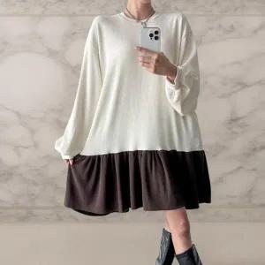 [옷자락]여성 투톤 빅사이즈 골지 프릴 퍼프 가을 미니 드레스