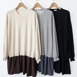 KSO581C여성용 투톤 프릴 퍼프 미니 원피스 빅사이즈 가을 패션