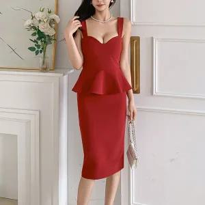 여자 페플럼 트임 슬림 글램룩 프릴 중간 슬리브리스 원피스