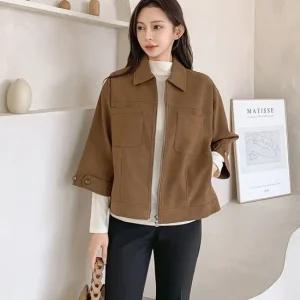 여자 스웨이드 버튼 카라넥 포켓 칠부 집업 가을 자켓