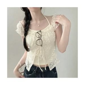 레티고 플라워 레이스 홀터넥 스트랩 페이크 반팔 블라우스