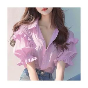 루비루 RB3090 카라넥 소매 벌룬 프릴 반팔 블라우스