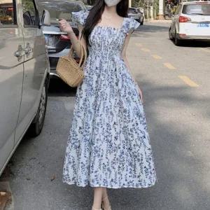 여자 스퀘어넥 프릴 롱원피스 플라워 어깨 휴양지 1P