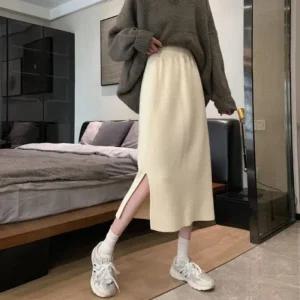 데일리 가을 밴딩 치마 골지 트임 롱스커트 편한 니트