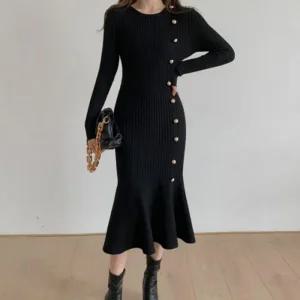 루즈핏니트 옆단추 벨트니트원피스 하객룩 밑단프릴 롱니트원피스