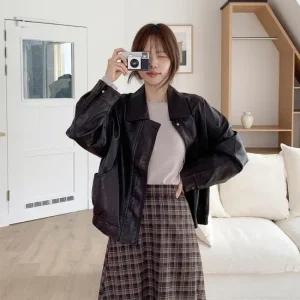 여성 가죽 루즈핏 카라 자켓