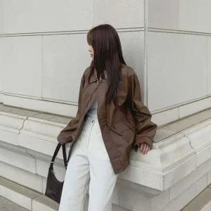 여성 레더 카라포켓 루즈핏 자켓