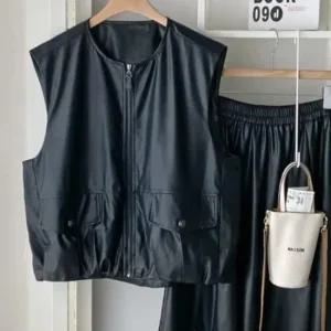 여성 빈티지 가죽 더블포켓 스트링 베스트