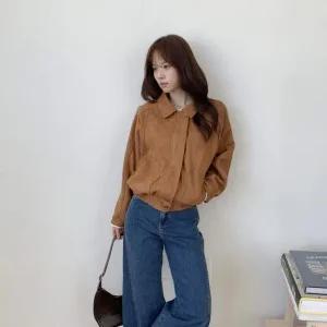 여성용 스웨이드 히든지퍼 루즈핏 카라 점퍼