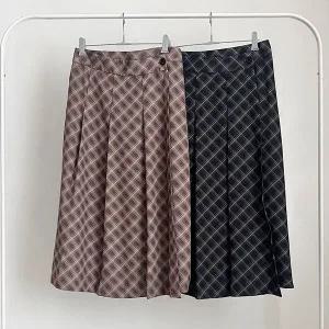 [신세계라이브쇼핑][옷자락] 여성 체크 패턴 랩형 플리츠 롱스커트 빅사이즈 뒷밴딩