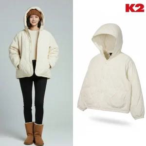 [백화점 출고] K2 패딩 여성 실크스타 웨이브 플러스 에코 아이보리 슬림 후드 퀼팅 경량 숏 자켓 점퍼