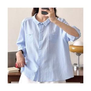 여성 체크 반팔 셔츠 시원한 카라넥 시어서커 블라우스 7부 깅엄 빅사이즈 미시 지지미 면 상의