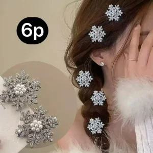 6p한세트 크리스마스 눈꽃 헤어핀 반짝 큐빅 진주 포인트 산타 소품 3CM