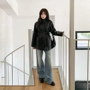 여자 캐주얼 레더 크로스백 세트 루즈핏 자켓 세트